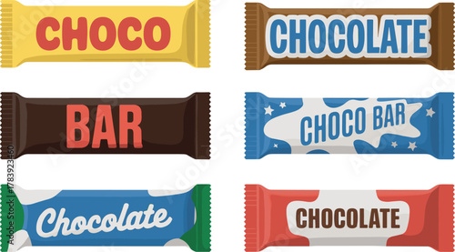 Chocolate bar wrappers, bold typography, colorful packaging, branding design, snack concept, candy labels, product mockup, vector illustration, dessert icons