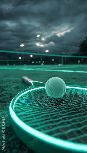Neon lit tennis racket with ball on a tennis court at night. Sports and technology. Abstract concept
