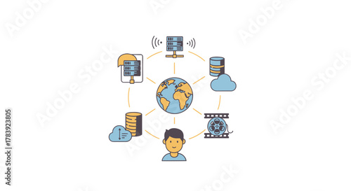 A globe surrounded by interconnected digital archive symbols and lines