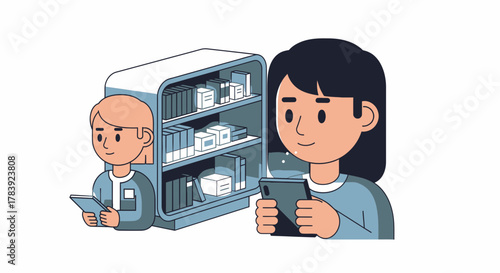 A futuristic library shelving system storing digital media files