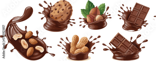 Chocolate splash illustrations, hazelnuts, almonds, peanuts, cookie, chocolate bar, melted swirl, dessert ingredients, vector art, sweet food concept