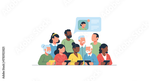 A group of diverse people listening intently to a virtual storyteller