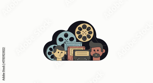 A glowing cloud icon containing multiple vintage film reels and tapes