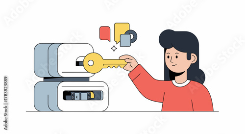 A key unlocking a futuristic storage device containing precious media