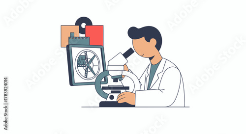 A scientist examining old film samples under a digital microscope screen