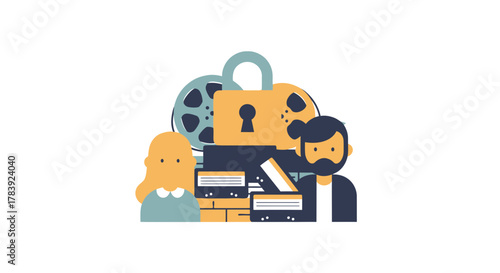 A secure padlock icon placed over a pile of old film reels and tapes