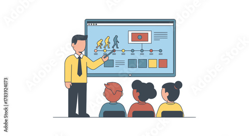 A teacher pointing to a screen explaining media evolution to attentive students