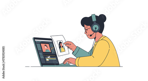 A student wearing headphones editing an ancient historical video on a laptop