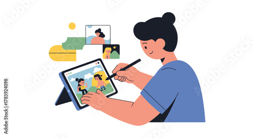 A young person creating an animated story on a colorful digital tablet