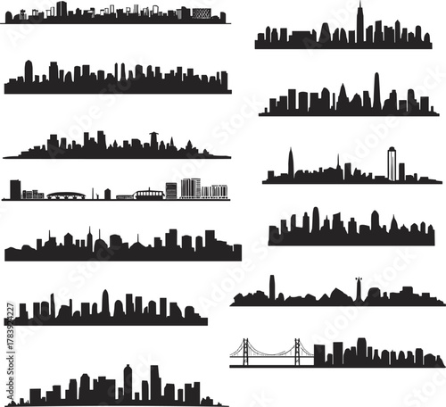 City skyline and bridge silhouettes set, iconic urban landmarks in black for architecture, travel, design, infrastructure and metro themes
