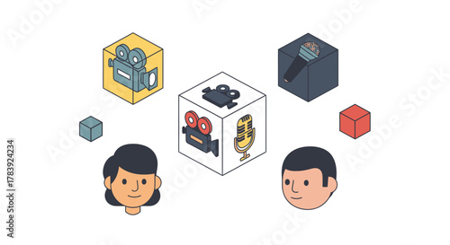 Floating data cubes displaying images of film cameras and microphones