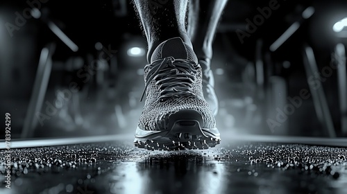 Close-up of a person's foot in athletic shoes, running on a wet surface in a moody black and white setting.