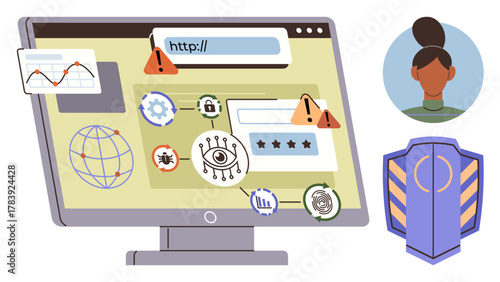 Computer screen showing online threats with alert icons, shield symbol, and user profile. Ideal for cyberattack prevention, website protection, data privacy, hacking, digital safety, IT security