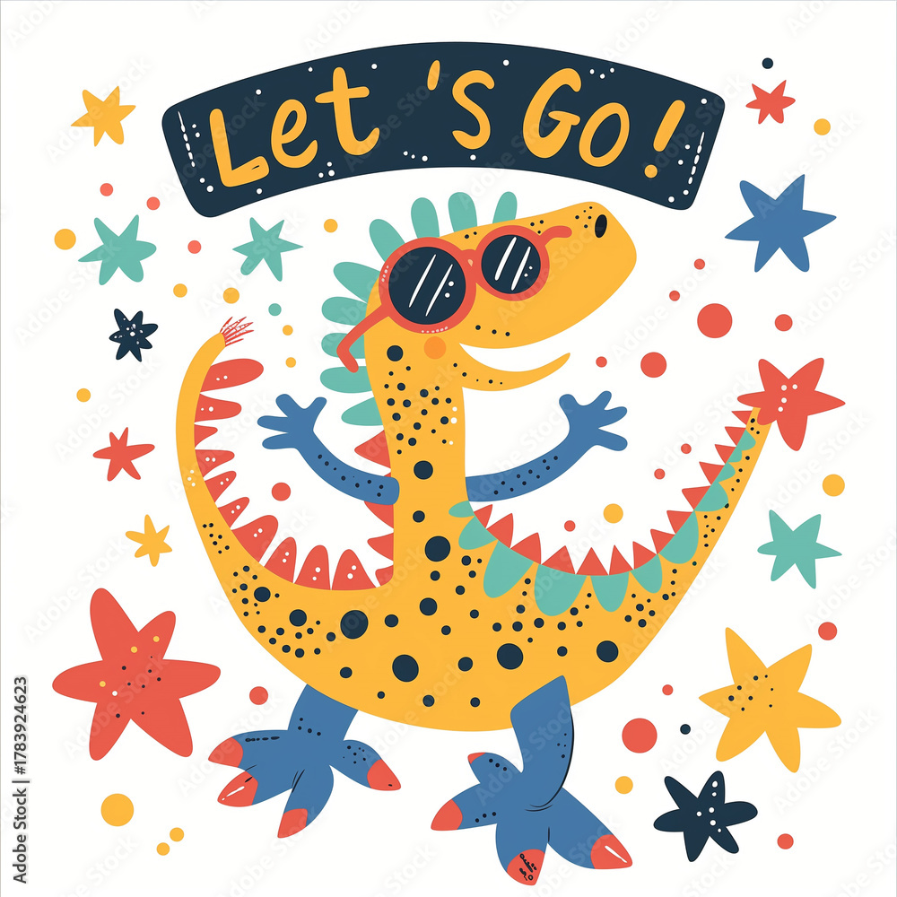 Obraz premium Cute illustration of a happy dinosaur wearing sunglasses and dancing among stars with “Let’s Go!” text. Bright flat cartoon style for kids