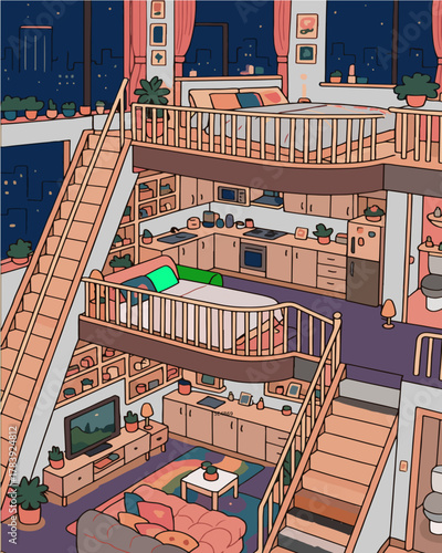 Cozy illustrated loft bedroom interior with stairs and nighttime view