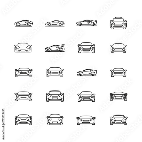 Abstract grid of identical car silhouettes in varying perspectives