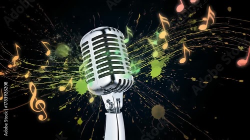 Vintage Chrome Microphone with Turquoise Music Notes Bursting Against Black Background Digital Art