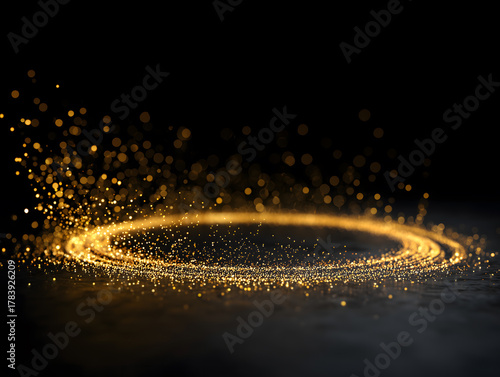Golden dust ring, glowing particles, isolated. Gold glitter circle of light shine sparkles, twirl, golden spark particles in circle frame on black background. sci-fi space 光