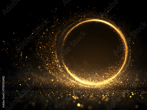 Golden dust circle, sparkling particles. Gold light circle, sparkles, vector magic glow 3d effect. Science fiction, lighting effect for cinematic presentation 光