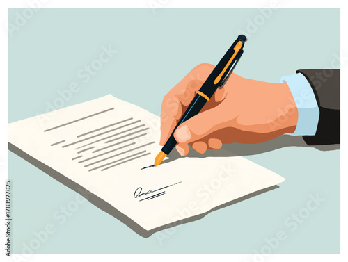 Signing official document or contract with elegant pen in hand