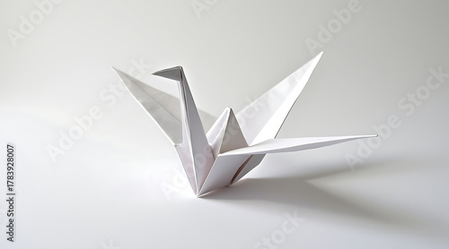 Free Download Minimalist paper origami crane with elegant fold casting soft shadow on clean white surface, symbolizing peace and creativity - GFXLoad