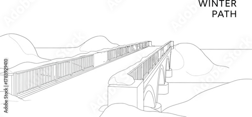 Line art of a snow covered bridge on a winter day with the words winter path