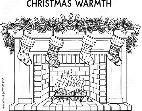 Fireplace with christmas stockings and garland illustration in black and white