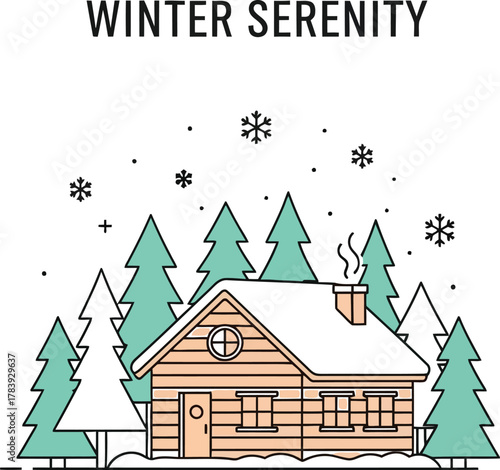 Cozy cabin in a winter wonderland surrounded by snow covered trees and snowflakes