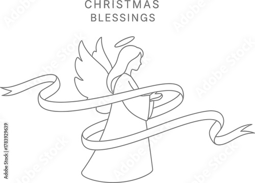 Minimalist line art of angel with ribbon for christmas blessings design use