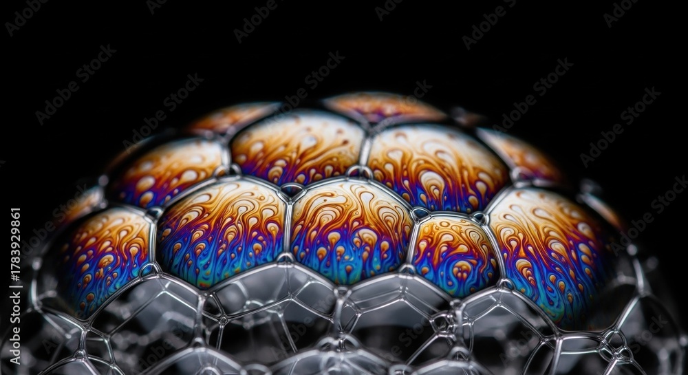 Fototapeta premium Macro detail of soap bubbles with psychedelic surface patterns. Abstract visualization of light interference and fluid dynamics. Complex hexagonal structure of foam cells with iridescent colors