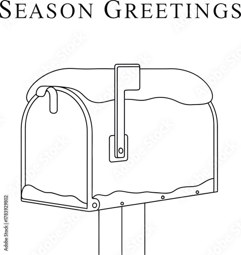 Line art of a mailbox with snow and season greetings for holiday postcards