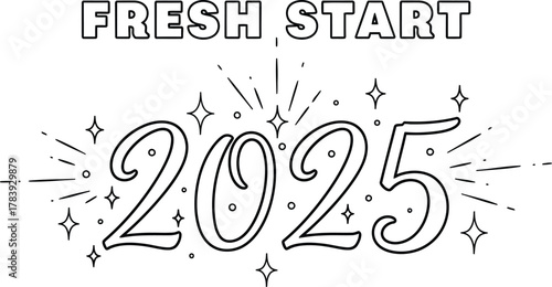 Fresh start 2025 new year celebration with stars and sparkles on white background