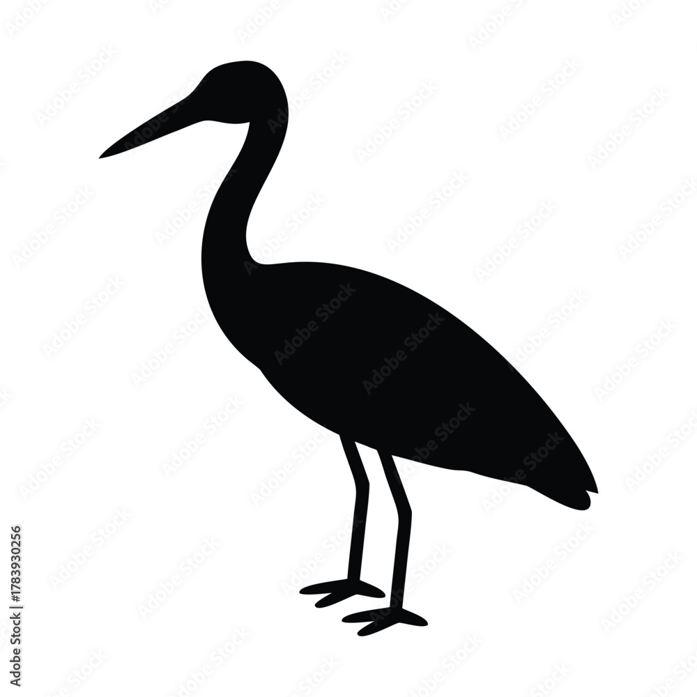 Obraz premium Black heron silhouette standing on a clean white background.