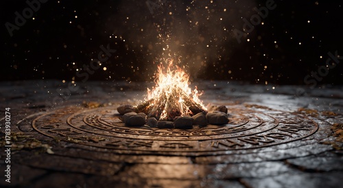 Warm Glow of a Campfire Surrounded by Stones and Leaves at Night in a Mystical Setting