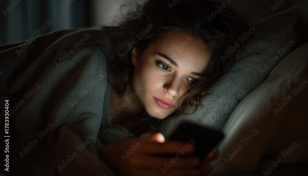 Naklejka premium Portrait Of A Young Sleepy Exhausted Woman In Bed, Struggling To Sleep And Dependent On Smartphone At Late Night
