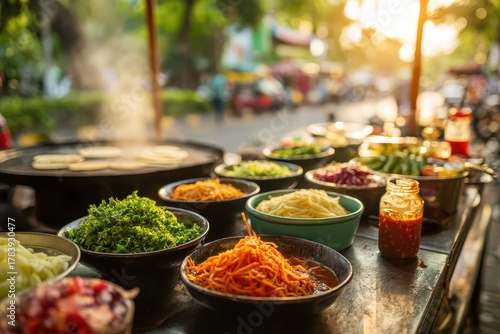 Fototapeta Naklejka Na Ścianę i Meble -  A vibrant street food stall with fresh ingredients and hot flatbreads.