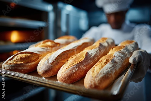 Wallpaper Mural A baker presenting a tray of freshly baked golden baguettes from a hot oven Torontodigital.ca