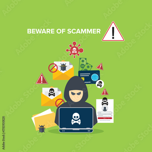 Beware of scammer. Hacker in front of his computer committing digital cybercrime