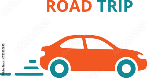 Orange car with motion lines representing a road trip on a white background