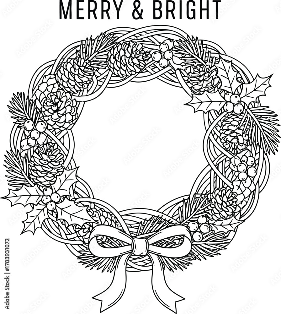 Fototapeta premium Merry and bright christmas wreath with pinecones and ribbon on a white background