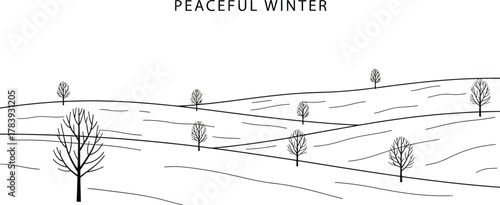 Minimalist winter landscape illustration with snow covered hills and bare trees