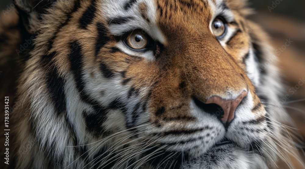 Obraz premium Majestic Close-Up of a Tiger Showcasing Its Striking Fur and Intense Gaze in a Natural Habitat