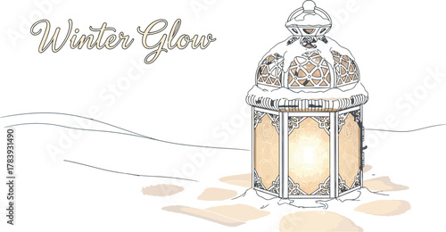 Snow covered lantern glows warmly in a winter scene with a soft blue background