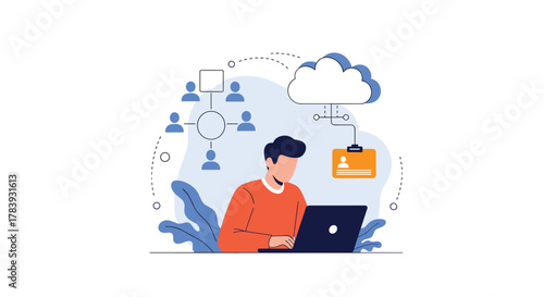 Remote worker using a laptop to access cloud computing services, with a network diagram and digital ID illustrating connectivity and data storage.