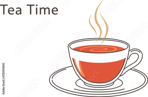 Steaming cup of tea illustration on a saucer against a pastel background design