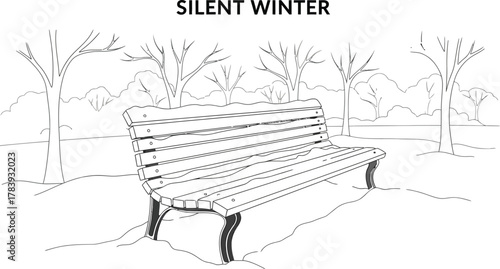 Snow covered park bench in a winter scene with bare trees and snowdrifts
