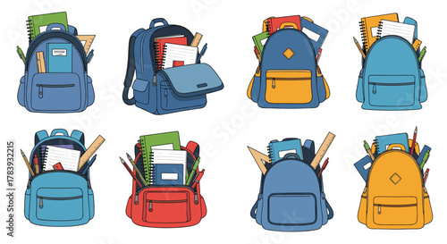 Variety of colorful student backpacks overflowing with school supplies like notebooks, rulers, and pencils, ready for the new academic year.