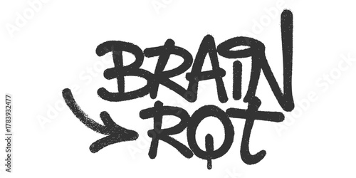 Isolated black graffiti style text 'Brain Rot' with arrow