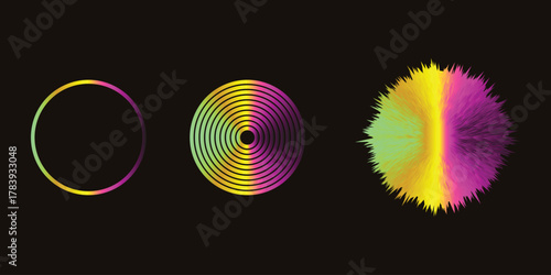 Abstract colorful gradient circles and sphere evolving from simple to complex on