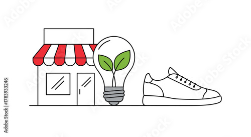 Line art concept of sustainable retail, featuring a storefront, a lightbulb with green leaves inside, and a sneaker, representing eco-friendly products.